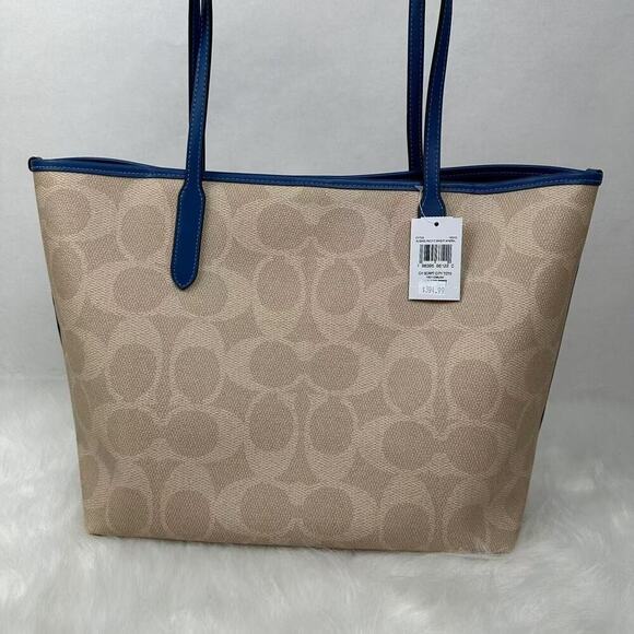 Coach City Tote Bag Signature Canvas W Coach Graphic Sand/Pacific Blue CY705 NWT - Picture 6 of 12